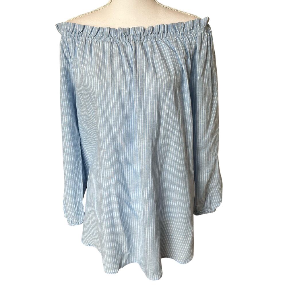 Jones New York Top Blouse Shirt Large Blue White Stripe Off Shoulder Linen Blend